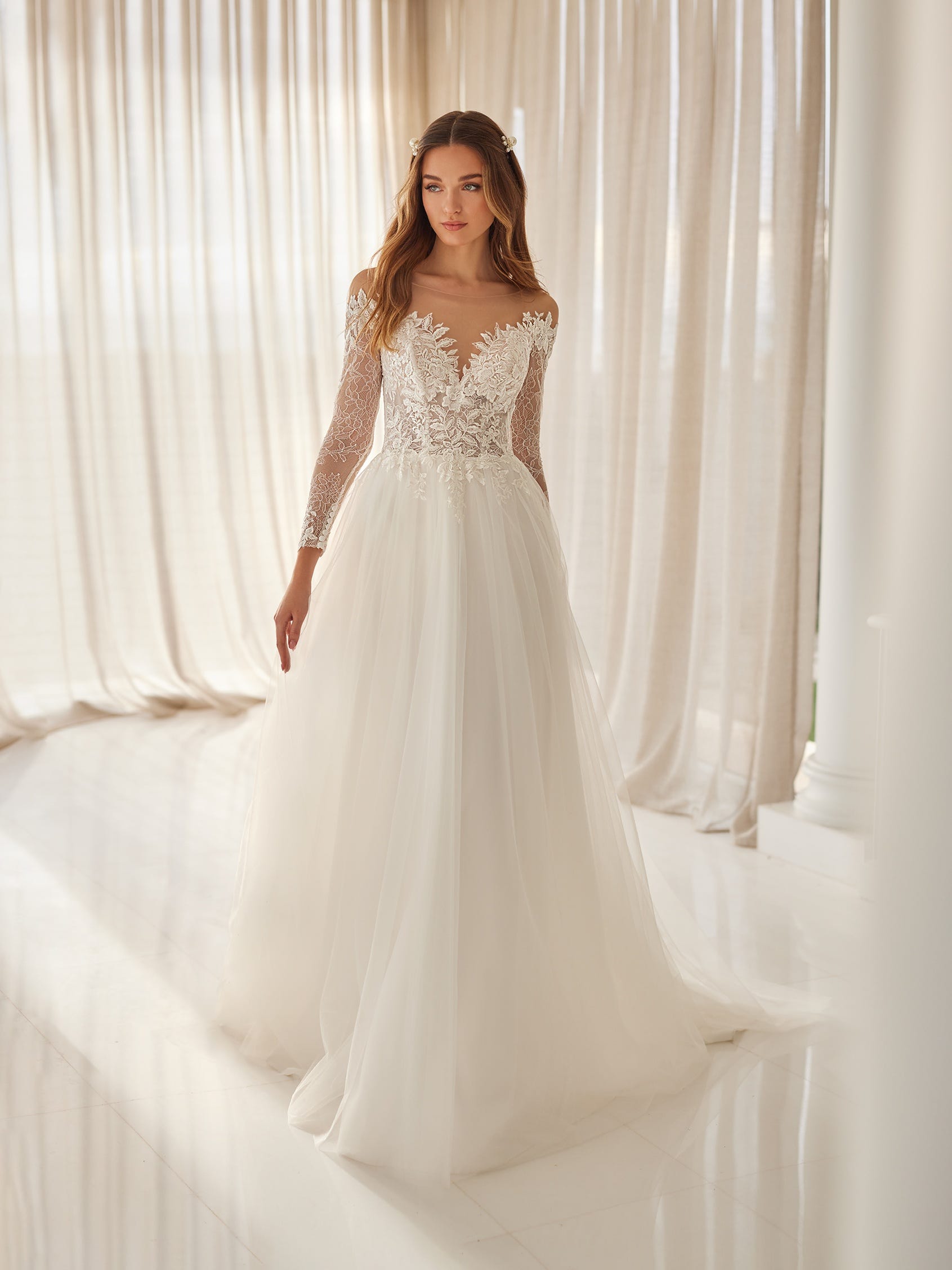 Long Sleeve White Lace Sheer Bodice Sexy Wedding Dress - VQ