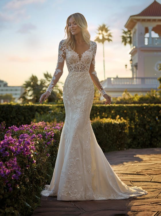 Wonderful tulle mermaid dress with lace decorations along with vertical borders that slim the figure and a sensual V-neck, along with a sensational tattoo back matching the long sleeves. 