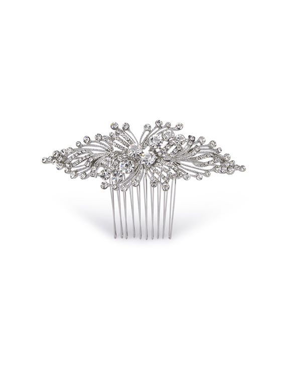 Sparkling comb with streams of silver wiring and shiny, rhinestone beadwork 