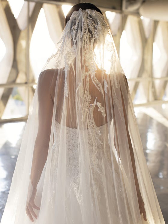 A stunning mantilla veil that features feathery embroidery that cascades from the head down and glistens with tiny diamantes.  